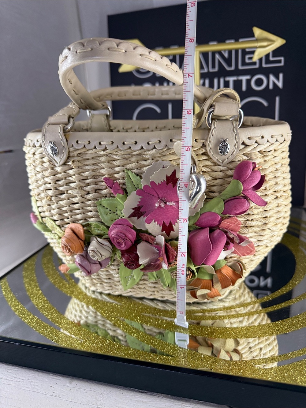 Brighton Cream Woven Tote with Multicolor Floral Appliqués - Picture 5 of 11